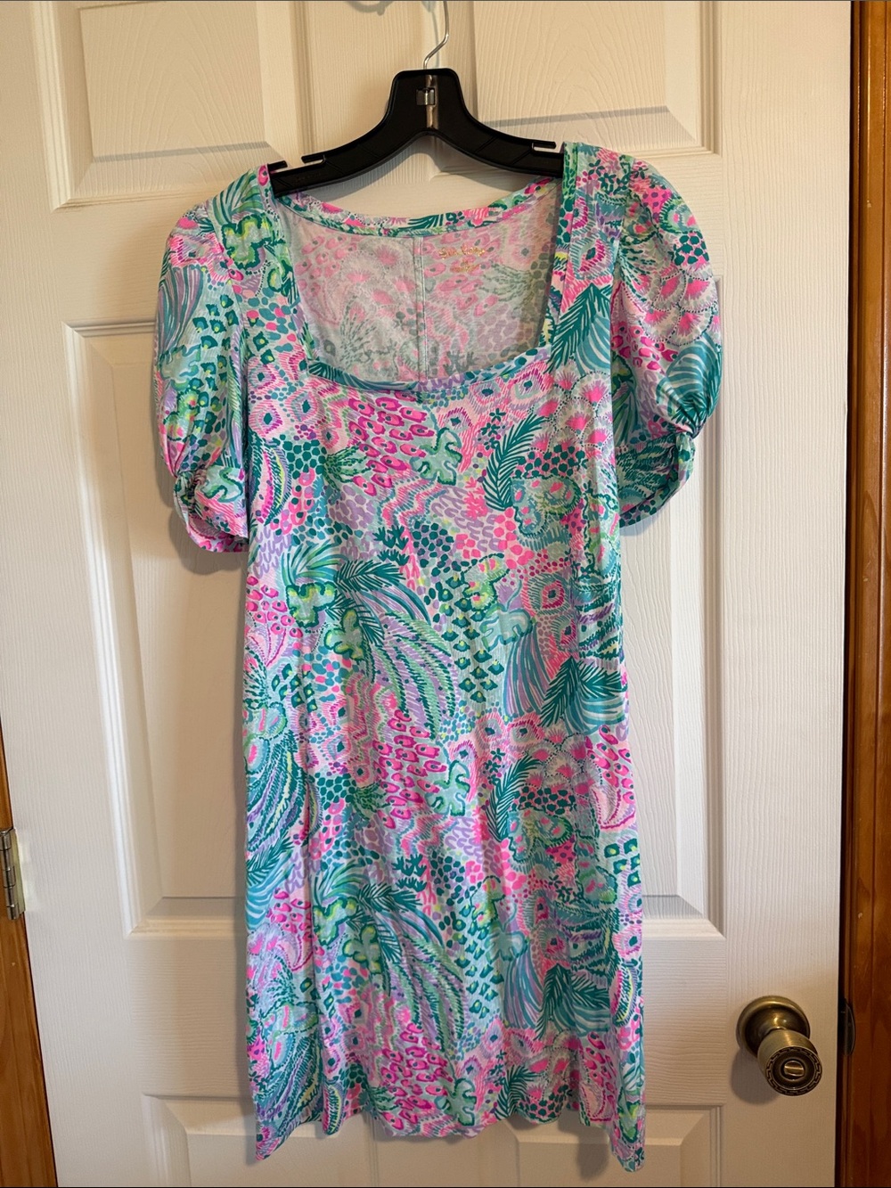Lilly Pulitzer Pink & Teal Square-Neck Puff-Sleeve T-Shirt Dress